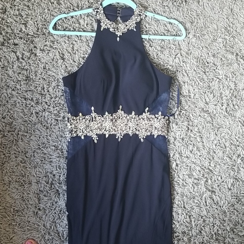 Navy Beaded Prom Dress